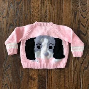 Vintage Girls 2-3Y Light Pink/White Handmade Crocheted Sweater w/Dog on Back
